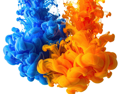 Vibrant, abstract color plumes of blue and orange merging against a black background