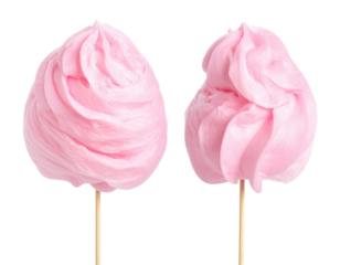 Two fluffy pink treats on sticks, a sweet confection for carnivals or parties