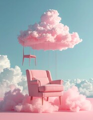 Pink armchair floats, tethered to a cloud; surreal scene