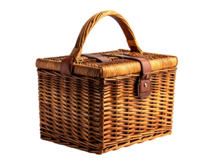 A woven wicker basket with a leather handle and latch against a black backdrop