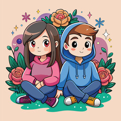 Naklejka premium Cute Anime Couple Sitting with Floral Background