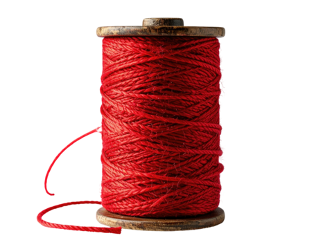 A spool of vibrant red thread, tightly wound on a rustic wooden base, against black