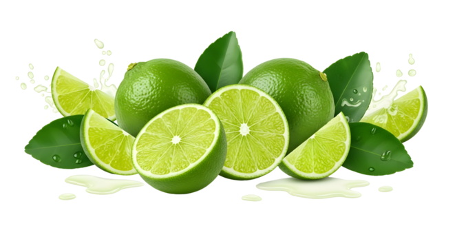 Fresh green lime fruits isolated on transparent background in a detailed view