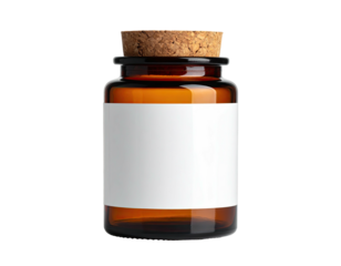 Amber glass jar with a cork stopper and a blank white label against black background