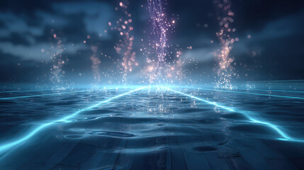 Naklejka premium A glowing digital water surface with vertical light streams and floating particles, surreal luminescent ocean scene with reflective ripples and moody sky