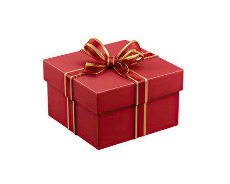 Red square gift box with gold ribbon, bow on black
