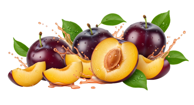 Plum with juice splash isolated on transparent background, a healthy and juicy fruit