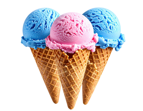 Three scoops of colorful ice cream in waffle cones, a sweet and refreshing treat