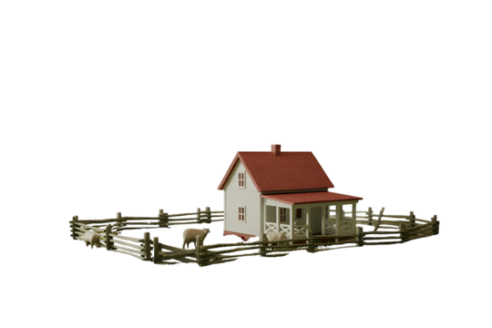 Small white farmhouse with red roof and wooden fence isolated on transparent background
