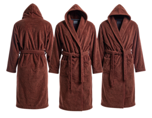 Three views of a full-length brown hooded robe with a belted waist and pockets