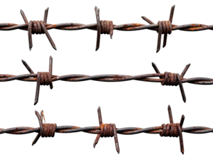 Three rusted strands of barbed wire against a black background, close-up