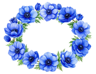 Watercolor wreath of vibrant blue flowers with dark centers, encircled by leaves