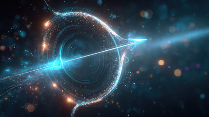 Glowing futuristic neon holographic bow and arrow interface with shimmering particles and radial energy rings conveying dynamic motion and focused precision