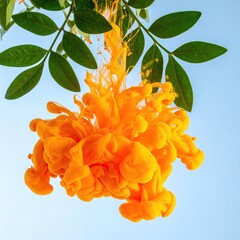 Orange ink plume, leaves frame soft blue