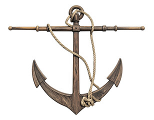 A detailed wooden anchor with a coiled rope, set against a stark black backdrop