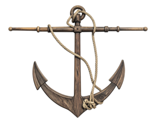 A detailed wooden anchor with a coiled rope, set against a stark black backdrop
