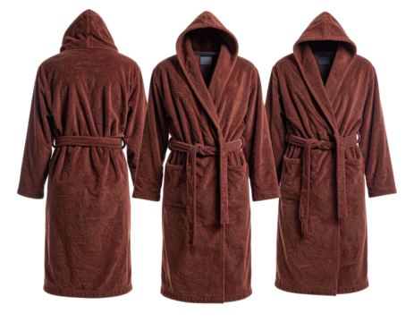 Three views of a full-length brown hooded robe with a belted waist and pockets