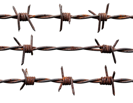 Three rusted strands of barbed wire against a black background, close-up