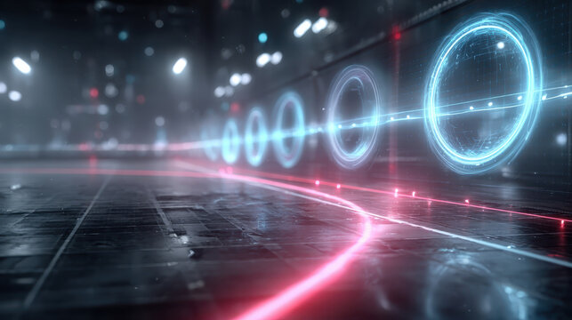 Neon cyber corridor with glowing blue circular holograms and pink light trail reflecting on wet metallic floor, futuristic high tech atmosphere with depth and motion