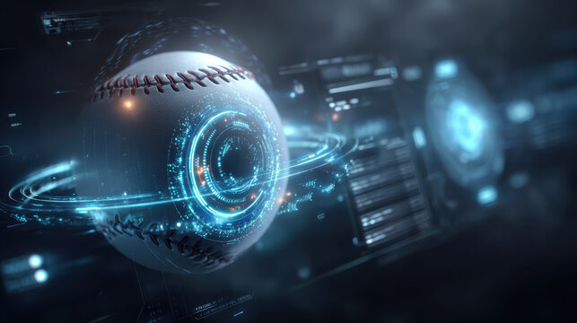 Futuristic holographic baseball with neon data rings and digital interface glowing in dark high tech environment, dynamic motion and energetic atmosphere