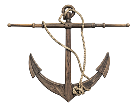A detailed wooden anchor with a coiled rope, set against a stark black backdrop