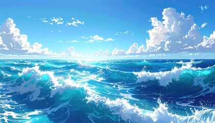 Ocean waves under blue sky, fluffy clouds, bright anime style