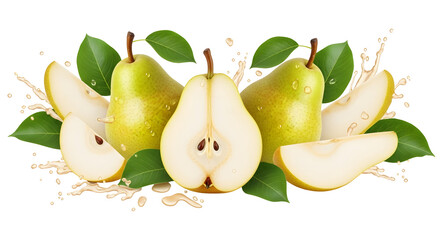 Green pears with water splash isolated on transparent background, closeup shot