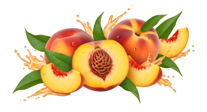 Fresh peaches with leaves and juice splash isolated on transparent background