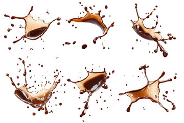Set of six dynamic chocolate liquid splashes frozen in motion against a black background fluid