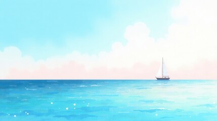Obraz premium Serene sailboat on a calm ocean under a pastel sky with fluffy clouds, a peaceful and tranquil seascape illustration.