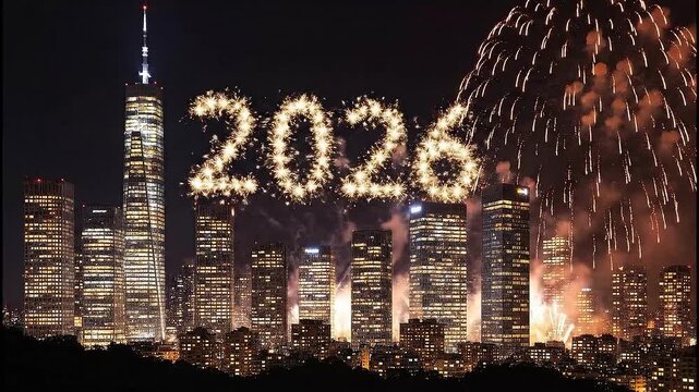 New York City Skyline Celebrates 2026 with Colorful Fireworks Festive Night Scene