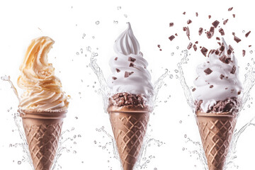 Three ice cream cones with splashing liquid and chocolate pieces on black dessert sweet
