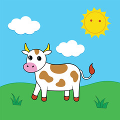 Cute Cartoon Cow in Sunny Field