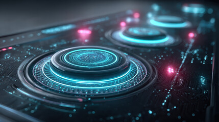Futuristic neon holographic interface with circular control nodes glowing on circuit board, cool cyan and magenta lighting, high tech immersive design, dynamic energy vibe