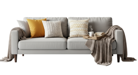 Cozy Gray Sofa With Mustard Yellow And White Patterned Pillows And Throws isolated on Transparent Background