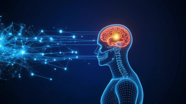 Conceptual illustration of digital data streams entering an illuminated human brain core shown in profile view - Powered by Adobe