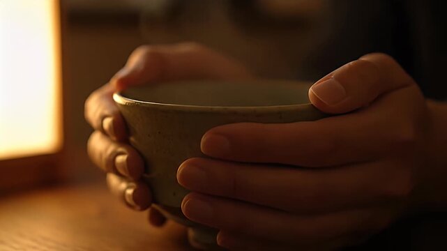 hands holding warm matcha tea bowl