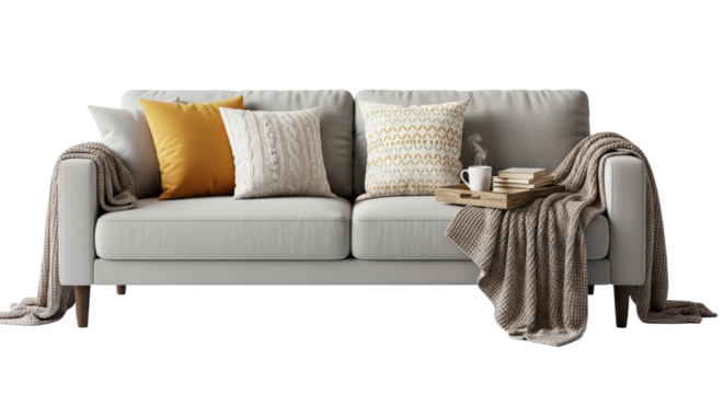 Cozy Gray Sofa With Mustard Yellow And White Patterned Pillows And Throws isolated on Transparent Background