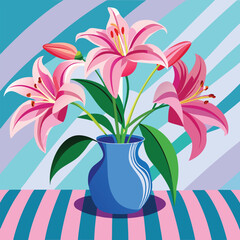 Pink Lilies in Blue Vibrant Bloom