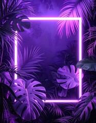Neon frame in a purple tropical jungle