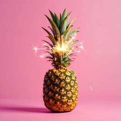 Sparkly sparkler pierces juicy pineapple on pink backdrop