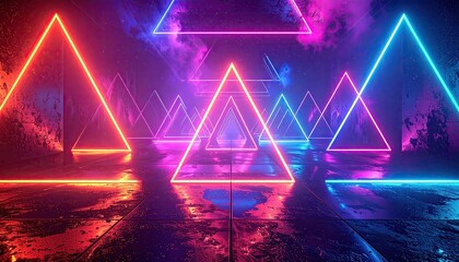 Neon triangles in grungy, reflective, futuristic hallway