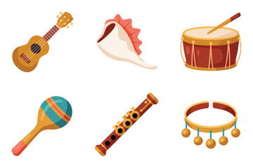 Flat illustration set for Polynesian music, featuring ukulele, drum, maraca, flute, and shell symbols.