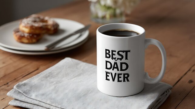 A classic white ceramic coffee mug with &ldquo;Best Dad Ever&rdquo; in bold black font.