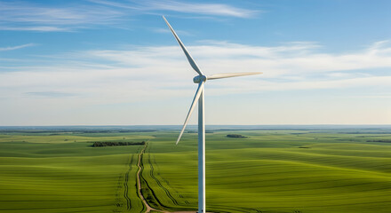 Renewable Wind Energy Turbine on Hilltop Against Blue Sky