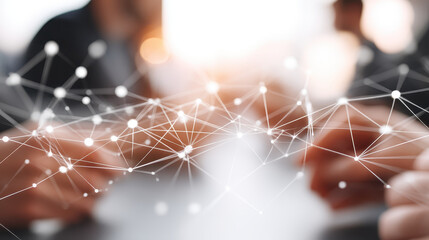Collaboration in corporate meeting showcases teamwork and innovation as hands connect through network of ideas and technology, emphasizing importance of business relationships