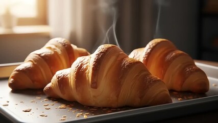 Freshly Baked Croissants Steaming on a Baking Sheet in a Warm Kitchen. - Powered by Adobe