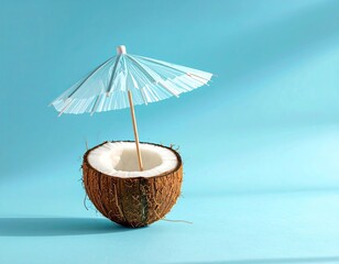 Coconut cocktail, light blue background, tiny umbrella detail