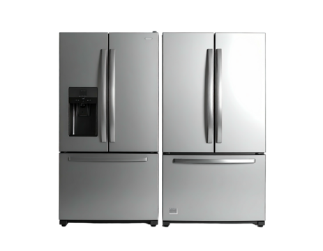 Modern, stainless steel refrigerator with a four-door configuration and water dispenser