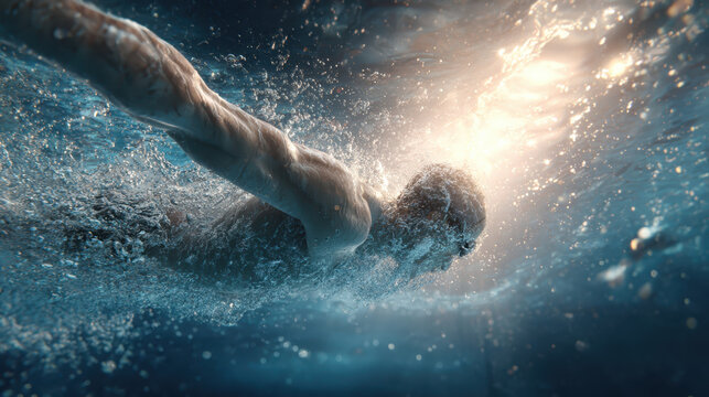 Male swimmer underwater midstroke with sunlit water and dynamic bubbles, athletic swimmer diving into pool, cinematic mood, motion and determination